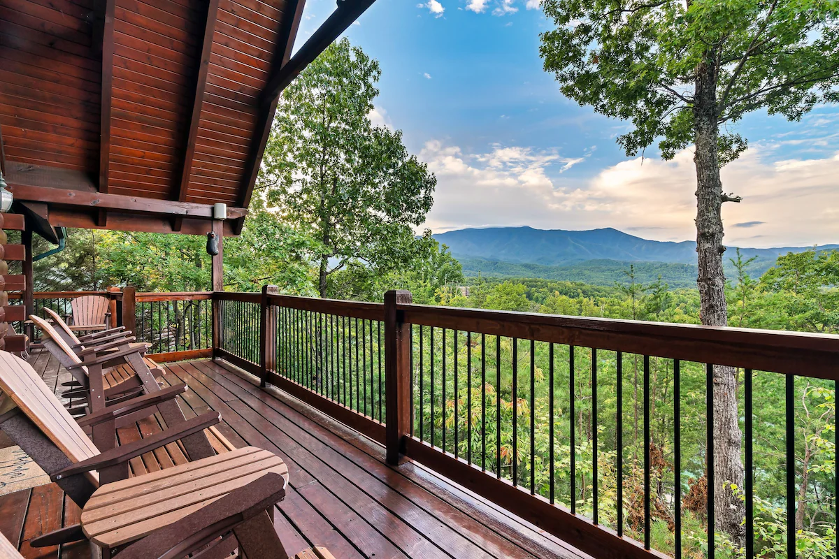Deck seating overlooking the mountain valley